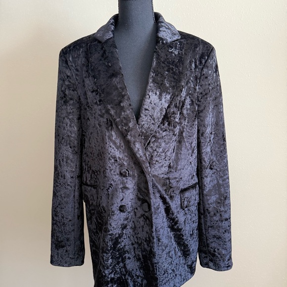 Topshop Jackets & Blazers - Topshop Black Crushed Velvet Blazer US 10 Double Breasted